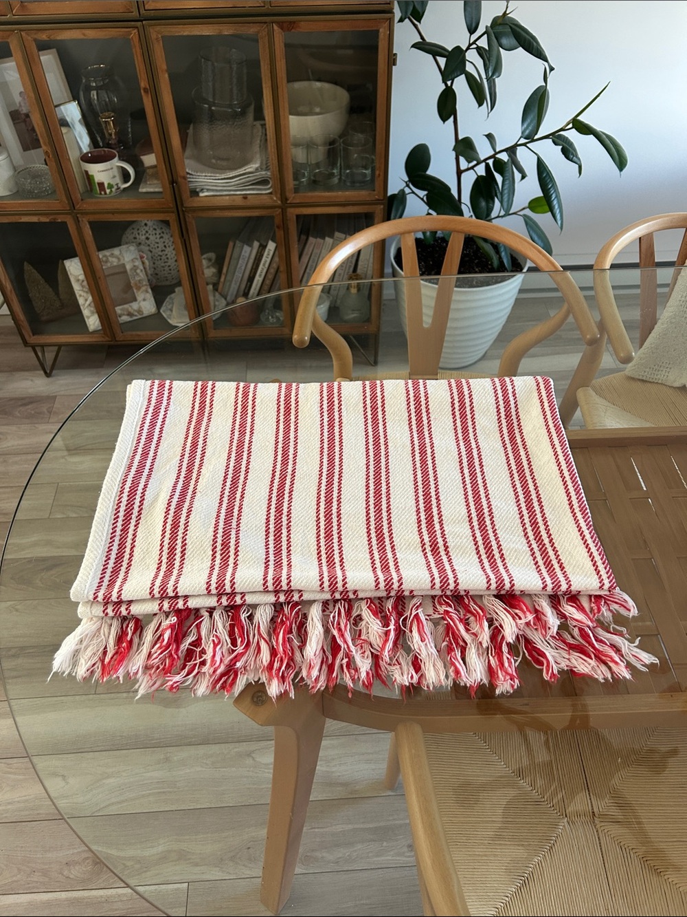 100% Cotton Red and White Striped Fringe Throw Blanket - Made in India